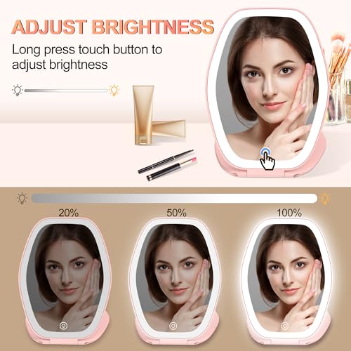 COSYGLOW Portable LED Travel Makeup Mirror - 3-Color Lighted Vanity, Pink