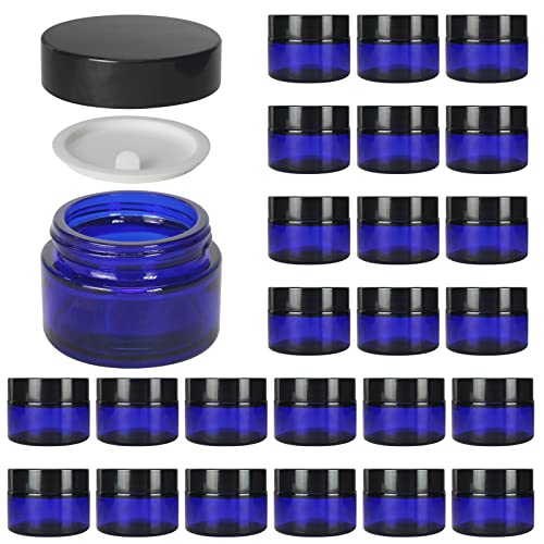 24 Pack 1 oz Blue Glass Cosmetic Jars with Lids - Travel Containers