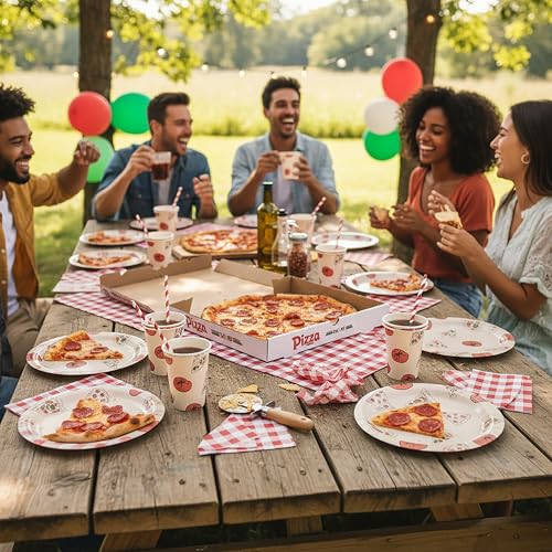 48-Count Pizza Themed Paper Plates - 9 Inch Red Gingham & Tomato Design
