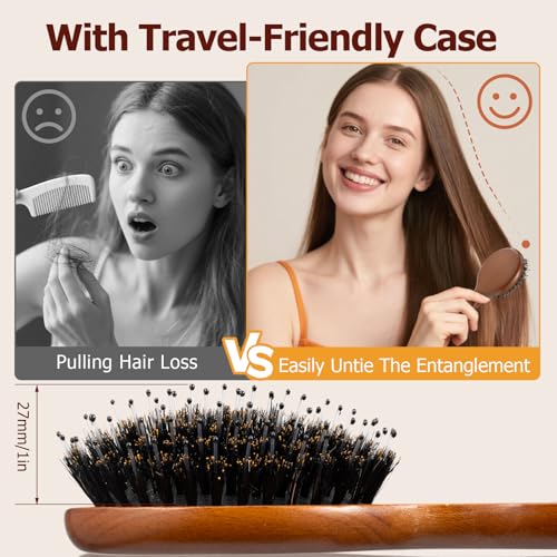 Ancable Wood Mini Round Travel Hair Brush with Boar Bristles, Kid-Friendly & Portable