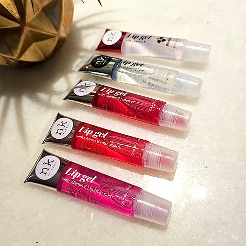 Hydrating Lip Gloss Set with Vitamin E - 5 Pack Lip Gels in Clear, Rosehip, Strawberry, Cherry & Bubble Gum