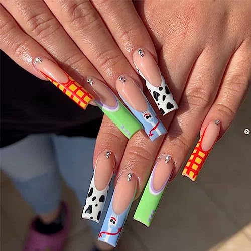 Foccna Long Press Pink Square French Fake Nails Summer Purple Full