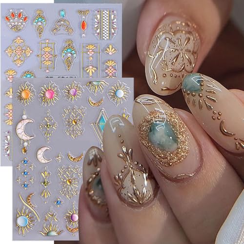 5D Gold Nail Stickers Sun Moon Flower Embossed Decals for Nail Art