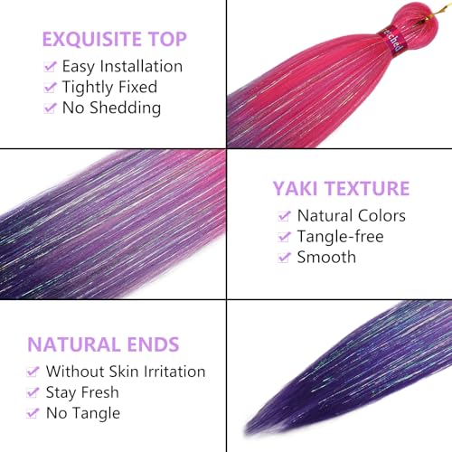 PreAfriBr Ombre Pink/Purple Tinsel Braiding Hair 26 Inch Pre Stretched Box Braids 2 Pack