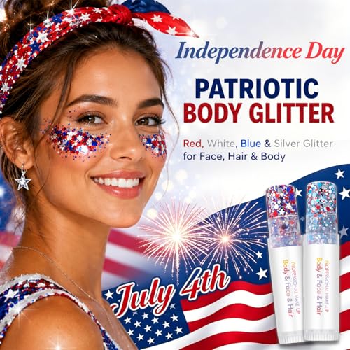 4th of July Body Glitter Stick (2PCS), Red White Blue Hair Glitter Stick, 250 Anniversary USA Merchandise, American Flag Makeup for Independence Day 250 Anniversary, Waterproof Face Glitter for Women