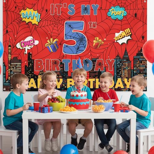 Spider Web 5th Birthday Banner - Large Red & Blue Photo Backdrop