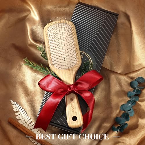 BFWood Bamboo Hair Brush with Metal Bristles for Detangling and Scalp