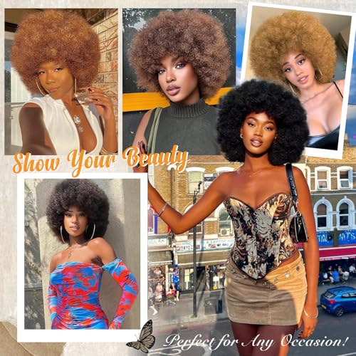 YWAYS HAIR Brown Afro Wig with Bangs for Black Women 70s Curly Short Synthetic Cosplay