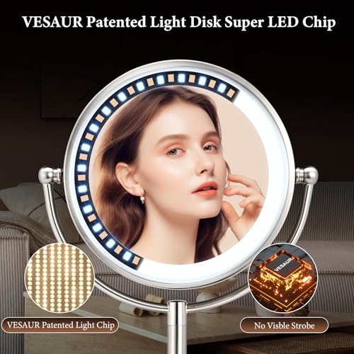 Professional 8.5" Large Lighted Makeup Mirror with Brighter Lights, 1X/10X True HD Magnifying Mirror with 3 Color Dimmable Lights, 90 Shadowless LEDs, 360¡ÆSwivel Seamless Vanity Mirror, Pearl Nickel