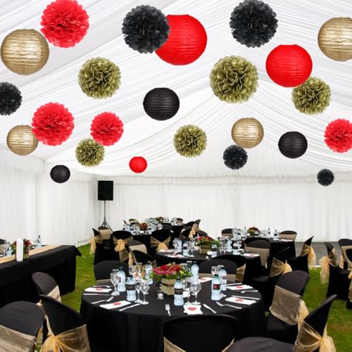 Red and Black Paper Lanterns & Pom Poms - 15 Piece Party Decor Set