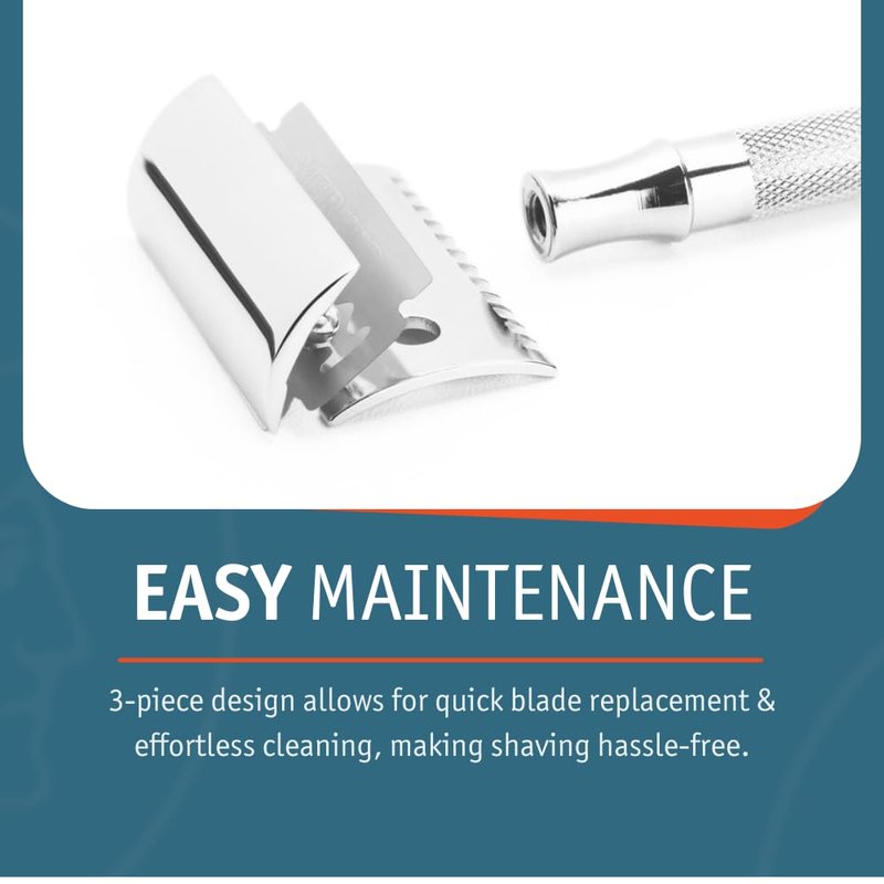 MERKUR 15C Double Edge Safety Razor in Bright Chrome with an Open Comb Design, Standard Handle, Made in Germany, Plastic-Free, Three-Piece Design, and Straight Bar