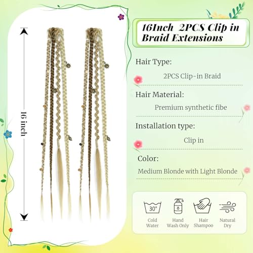 Toilswirl 16 Inch Medium Blonde Boho Clip-In Braids with Charms & Beads - Festival Hair Extensions