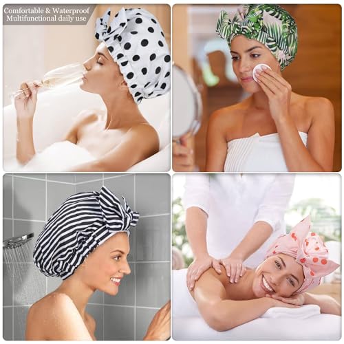 Luvruitaky Black Stripe Luxury Shower Cap for Women - Reusable Waterproof Hair Bath Cap with Adjustable Bowknot