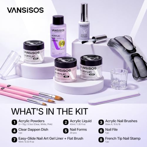 Acrylic Nail Kit - 40ml Low-Odor Liquid, 3 Powder Colors & Gel Liner - Variation F