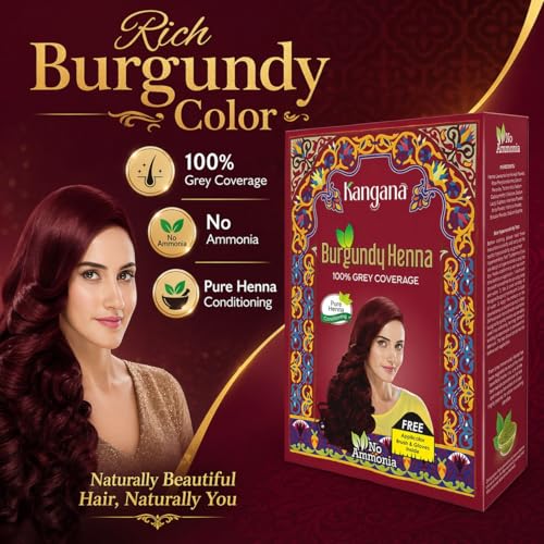 Kangana Burgundy Henna Hair Dye Powder - 1 Pack (50g) for Grey Coverage, Ammonia-Free, Easy Home Application