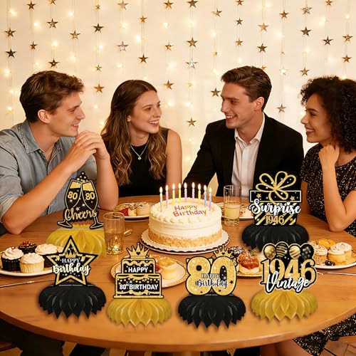 80th Birthday Decorations - 9-Piece Black & Gold Honeycomb Centerpieces