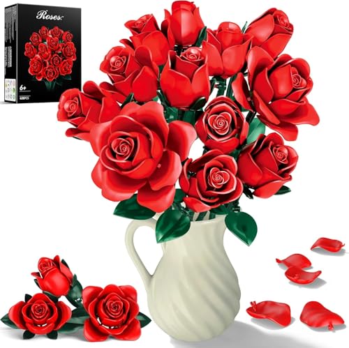 DIY Red Rose Flower Bouquet Building Set - 12 Adjustable Blooms