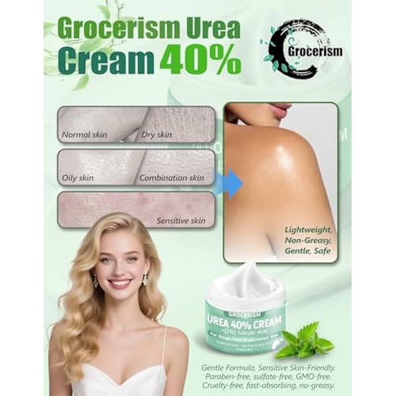 Grocerism Urea Cream 40 Percent For Feet Plus 2% Salicylic Acid 5.29 oz || Foot Cream and Hand Cream Maximum Strength with Hyaluronic Acid,Tea Tree,and Aloe Vera For Deep Moisturizes,Callus Remover
