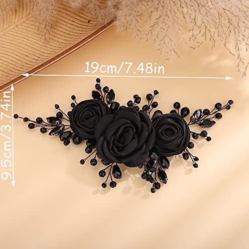 Teyglen Black Flower Wedding Headband with Rhinestones