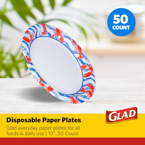 Glad 10-Inch Round Disposable Paper Plates – Lobster Waves, 50 Count