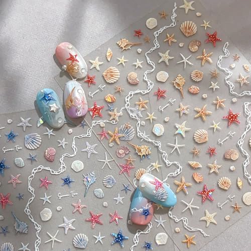 Quezadyl Starfish Nail Art Stickers 2 Sheets Summer Seashell 5D Embossed Shell Decals for Manicure and Nail Design