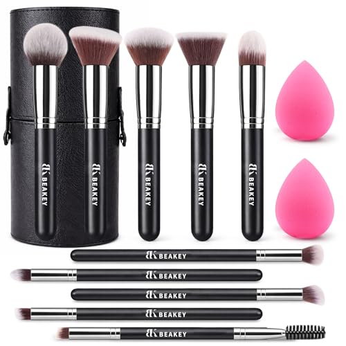 Beakey 13-Piece Makeup Brush Set with Black Case – 10 Brushes + 2 Sponges