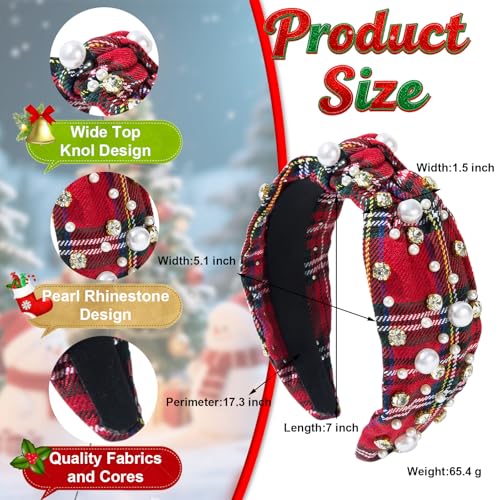 Villorem Red Buffalo Plaid Christmas Headband with Pearls & Rhinestones - One Size, 2 Pack