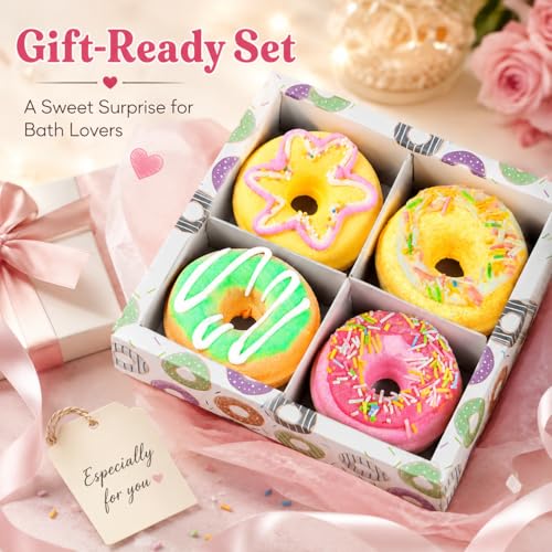 Jaolee Donut Bath Bomb Gift Set - 4 Pack Natural Fizzy Spa Bath Bombs