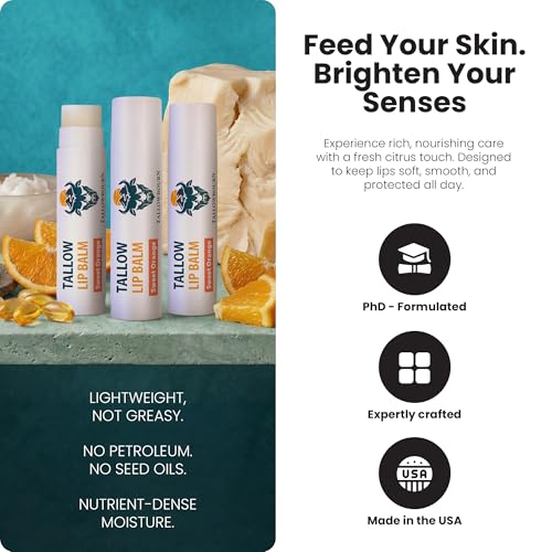 Moisturizing Tallow Lip Balm ? Grass-Fed Beef Tallow with Organic Coconut Oil, Beeswax, and Vitamin E ? Sweet Orange ? Lip Balm Set ? Travel Essential ? 3-Pack