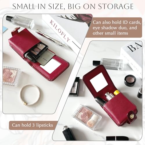 kilofly Genuine Leather Double Lipstick Case - Red Makeup Holder