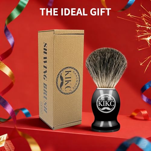 KIKC Hand Crafted Pure Badger Shaving Brush for Wet Shave, Soft Bristle, Wood Handle Black Color, Best Gift for Bearded Man