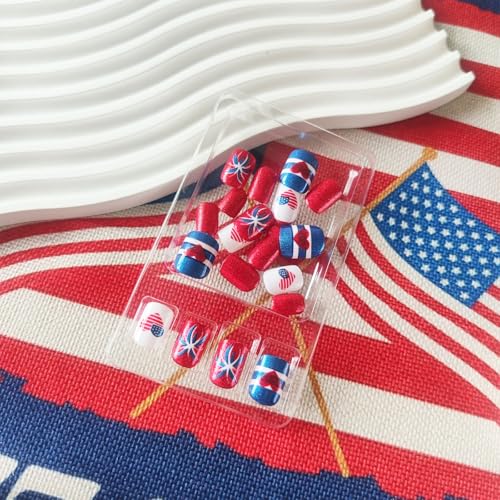 HZJXRT 4th of July American Flag Fake Nails - Short Red Glitter Press-On Manicure, 24pcs