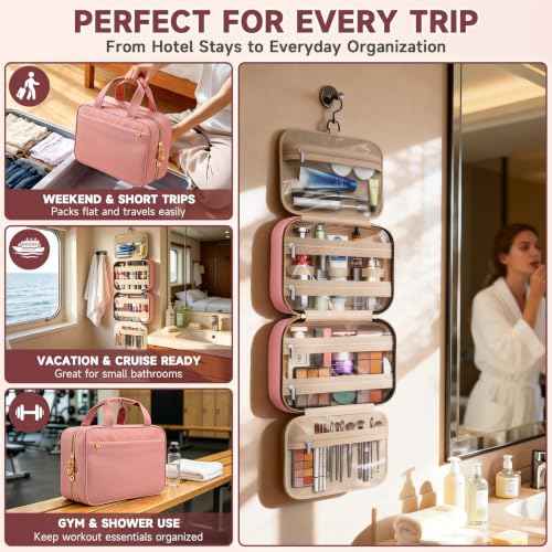 Voyree Hanging Travel Toiletry Bag for Women - Large Makeup Organizer with Clear Pockets (Pink, Medium)