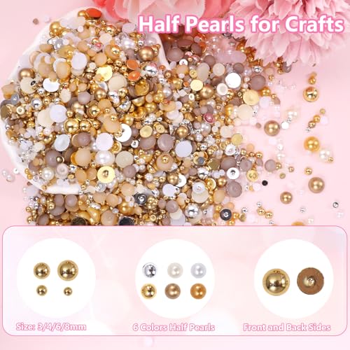 Set-8 Gold Silver Brown White Flatback Pearls for Nail Art & Crafting 4 Sizes