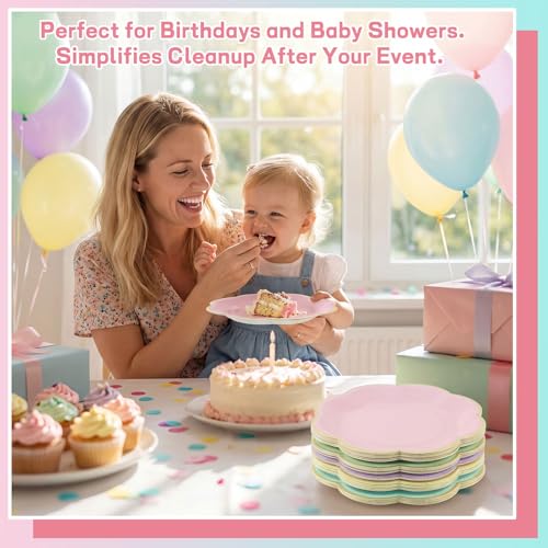 60 Pastel Paper Plates, 7-Inch Scalloped Dessert Plates with Gold Rim