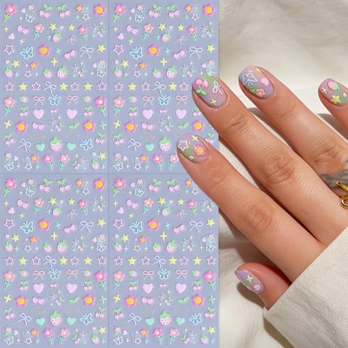 4Pcs 3D Flower Nail Art Stickers - Cherry & Strawberry Design