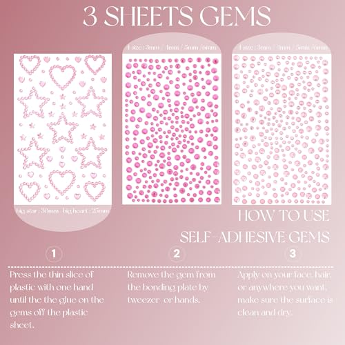 Self-Adhesive Pink Face Gems - Heart & Star Rhinestone Stickers