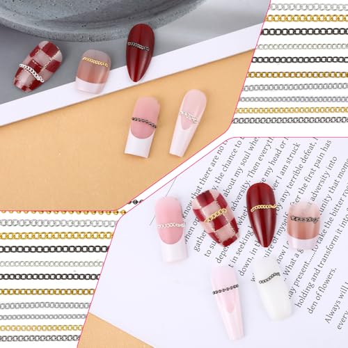 Metal Nail Art Chains Set - 12 Strips in Gold, Silver, Gray