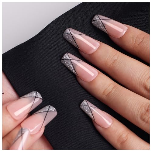 MOKAYIMO Handmade Press On Nails, Medium Square Nude & Silver Glitter