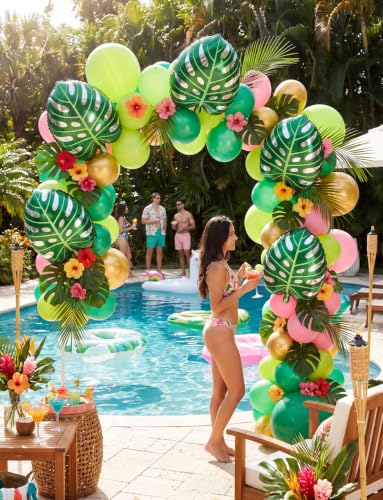 5 Pack Monstera Leaf Foil Balloons - Tropical Hawaiian Decor