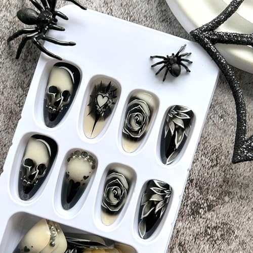 Goth Stiletto Press On Nails with Skull & Black Rose Design - 24 Pieces