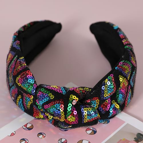Gmmidea D-Rainbow Black Sequin Knotted Headband for Women and Girls