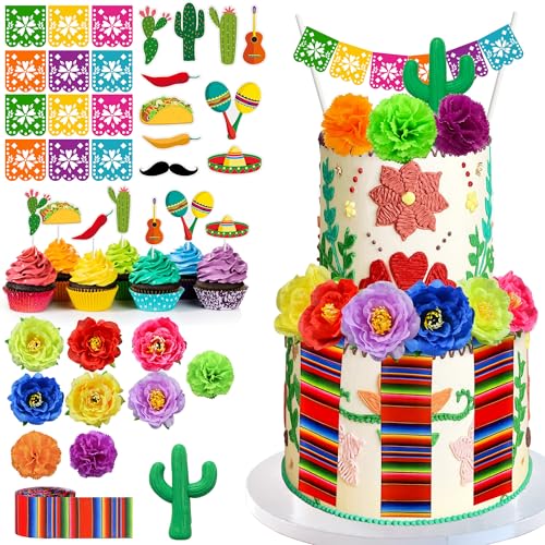 33 PCS Mexican Fiesta Cake Topper Set with Cactus & Flowers