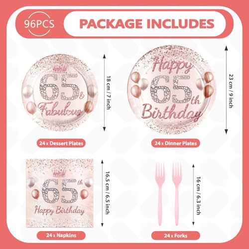 Rose Gold 65th Birthday Party Supplies Set for 24 Guests