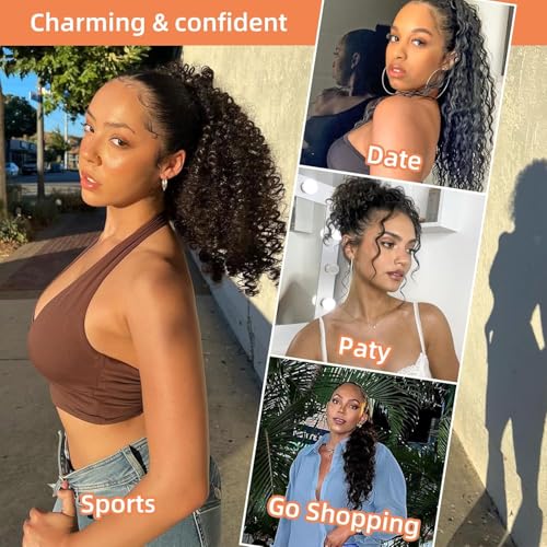 HiTuMyPi 10 Inch Natural Black Curly Drawstring Ponytail Extension for Black Women