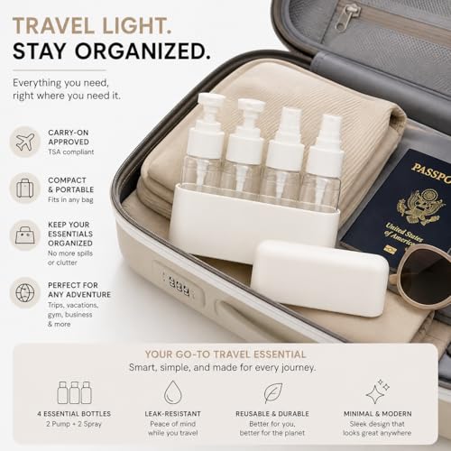 TSA Approved Travel Skincare Bottles Set - 2 Pump & 2 Spray Containers