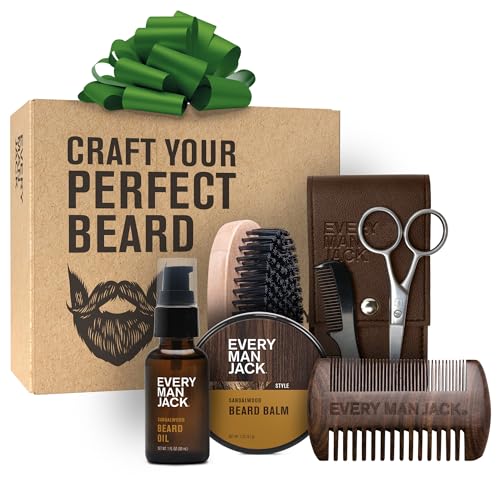 Every Man Jack Beard Care Gift Set for Men ? Complete Grooming Kit with Beard Oil, Balm, Brush, Dual-Sided Comb, Trimming Scissors & Mustache Comb - Sandalwood Scent