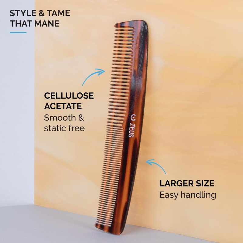 ZEUS 7.5” Large Hair Comb for Men, Handcrafted Saw-Cut Design with Non-Static Material for Smooth, Tangle-Free Styling (Traditional) Y11