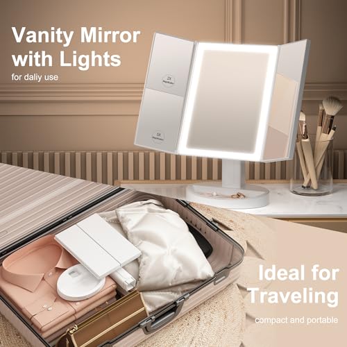 S'bagno White 11.3" x 6.8" LED Makeup Mirror with Lights, 1X/2X/5X Magnification, Dimmable 3-Color Modes, 270° Rotation