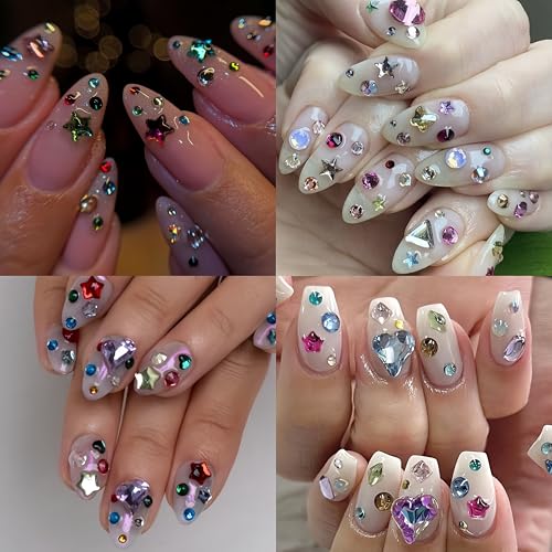 LRyssalia Style02 300Pcs Multi-Colored 3D Star Nail Charms & Rhinestones